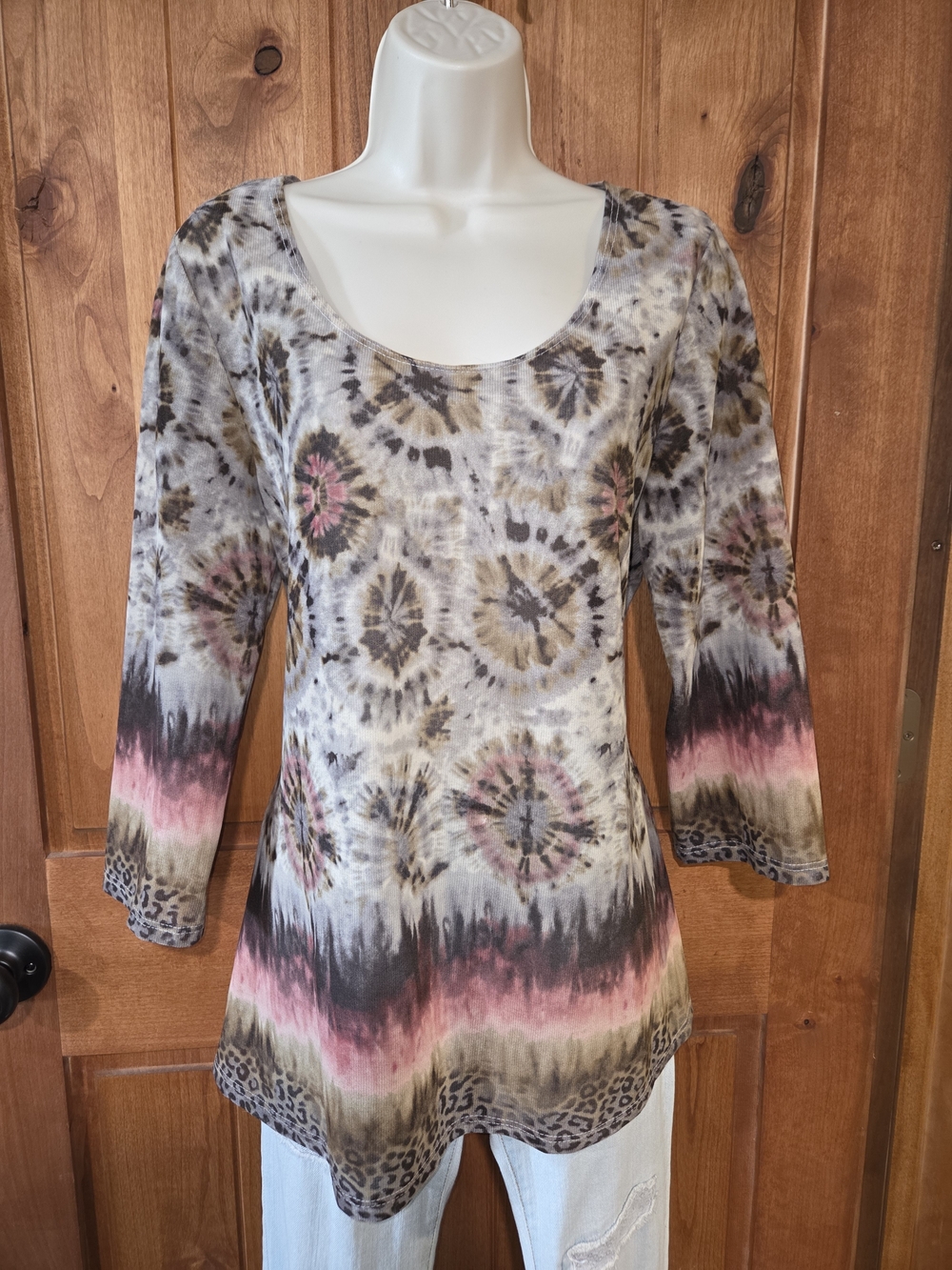 Peck & Peck Taupe, Pink & Gray Tie-Dye Scoop Neck Tunic